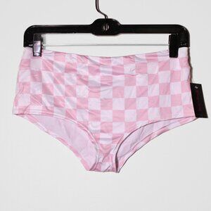 BodyRage Pull On Cheeky Hot Shorts Pink White Checkered Plaid Festival S & M